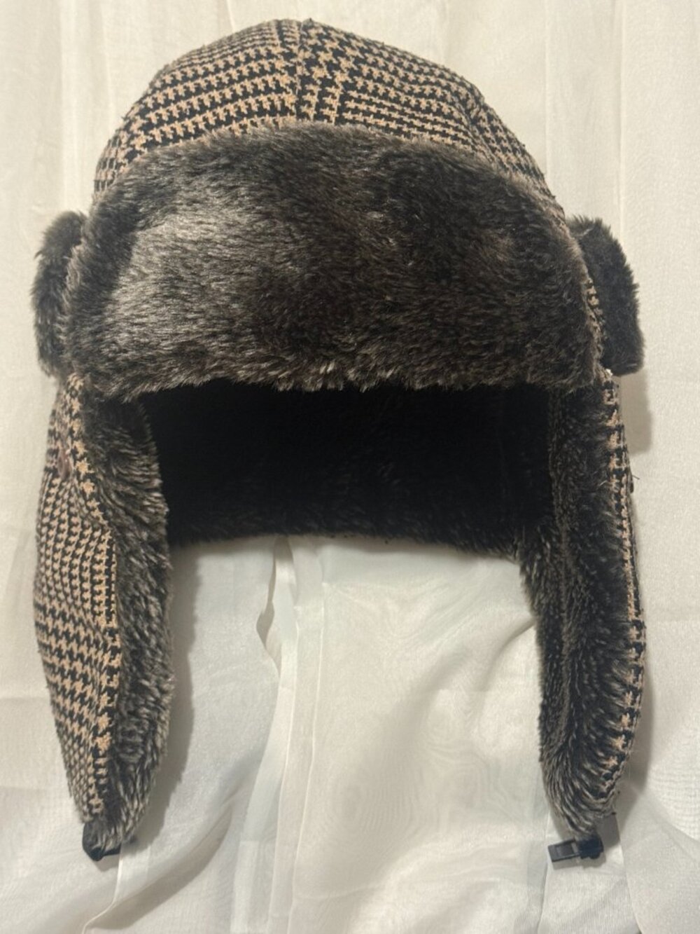 Blue Star Houndstooth Faux Fur Trapper Hat Brown Black Winter Ear Flap Cap